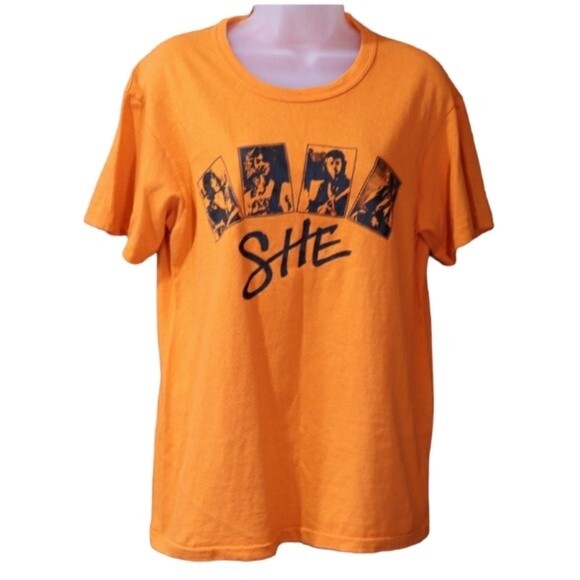 SHE The Band Vintage Black Graphic on Bold Orange T-Shirt 100% Cotton Medium - Picture 1 of 15